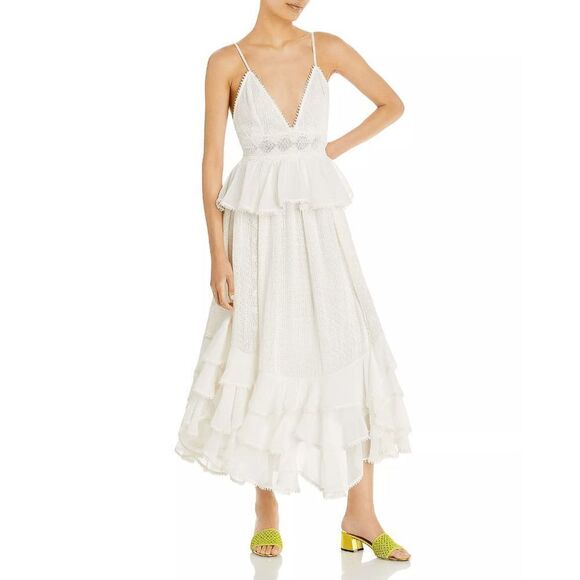 Rococo Sand Embroidered Ruffle Trim Midi Dress - Off White M - Picture 1 of 5